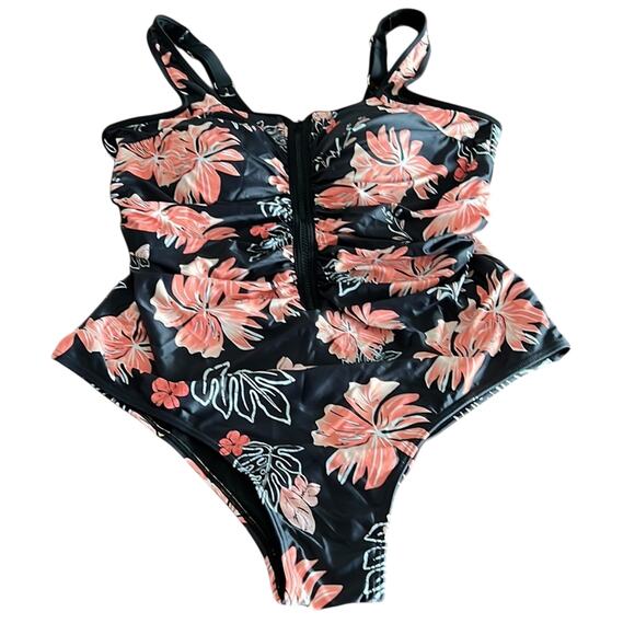 Daci Black and Coral Floral Print One Piece Swimsuit with Front Zipper Woman 18W - Picture 1 of 10
